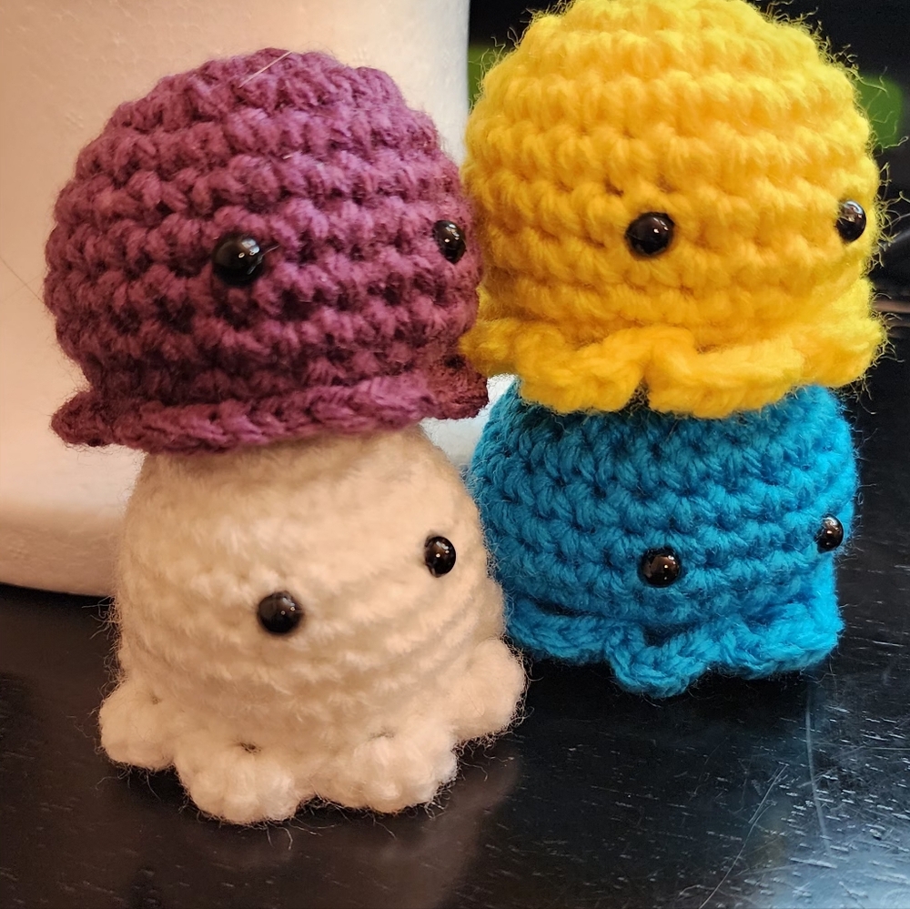 Crocheted Octopus Plush Set - Purple, Yellow, Blue, White - Picture 2 of 3